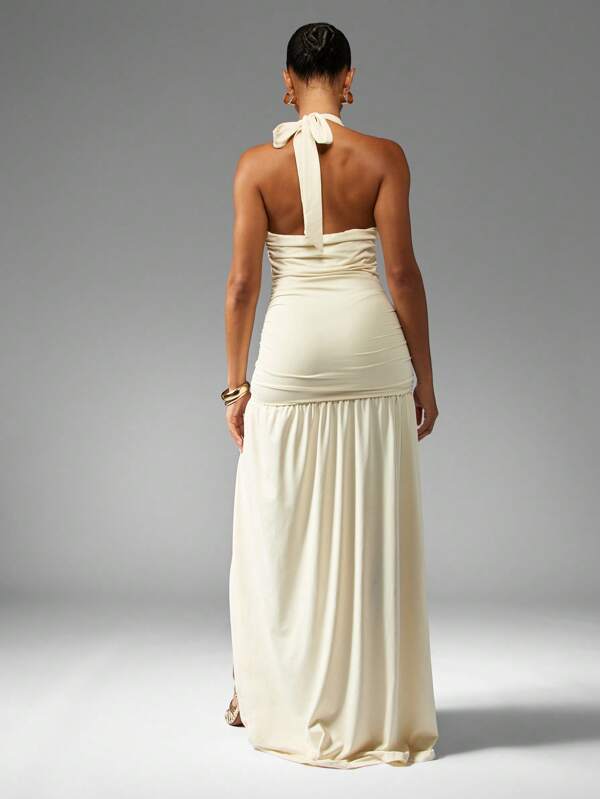 Missguided MISSGUIDED Halter Neck Ruched Maxi Dress With Side Slit