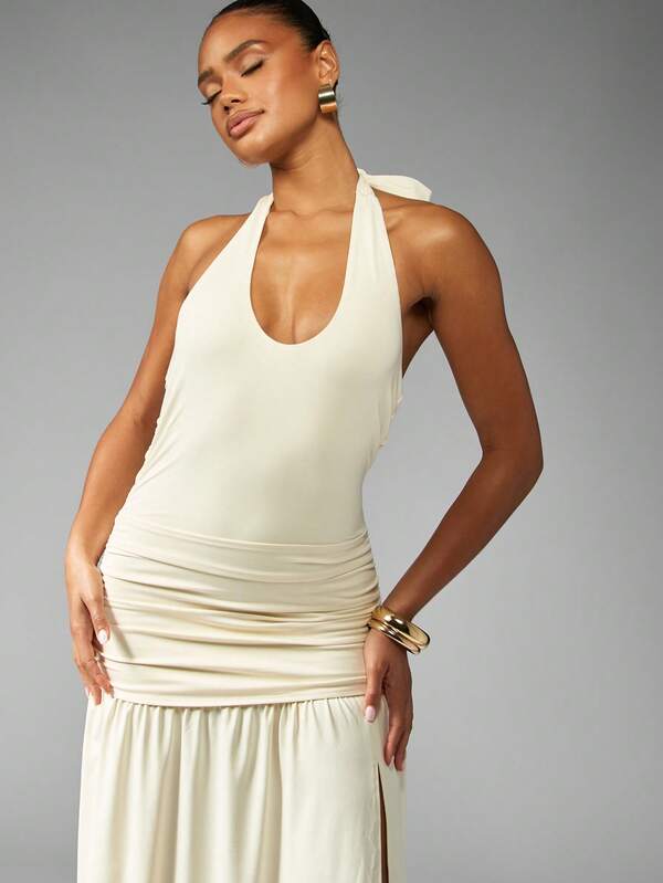 Missguided MISSGUIDED Halter Neck Ruched Maxi Dress With Side Slit