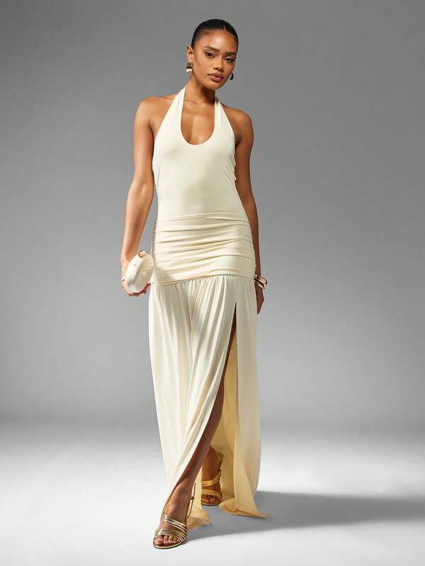 missguided MISSGUIDED Halter Neck Ruched Maxi Dress With Side Slit