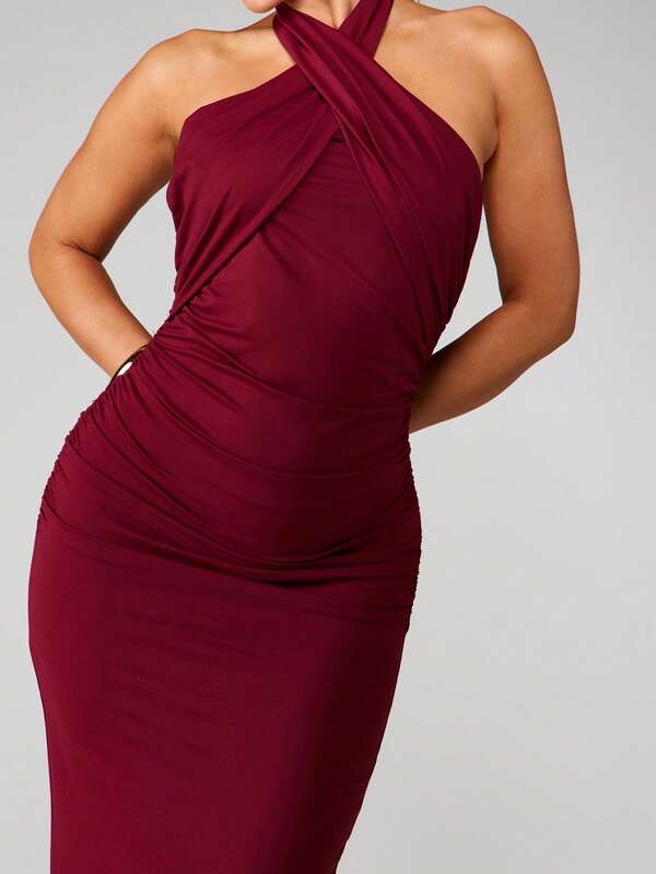 Missguided MISSGUIDED Halter Neck Ruched Midaxi Dress