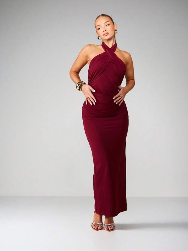 Missguided MISSGUIDED Halter Neck Ruched Midaxi Dress