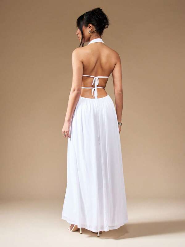 Missguided MISSGUIDED Halter Neck Ruched Pearl Beaded Backless Maxi Dress