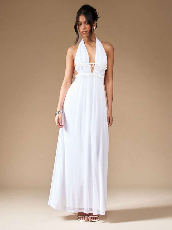 Missguided MISSGUIDED Halter Neck Ruched Pearl Beaded Backless Maxi Dress