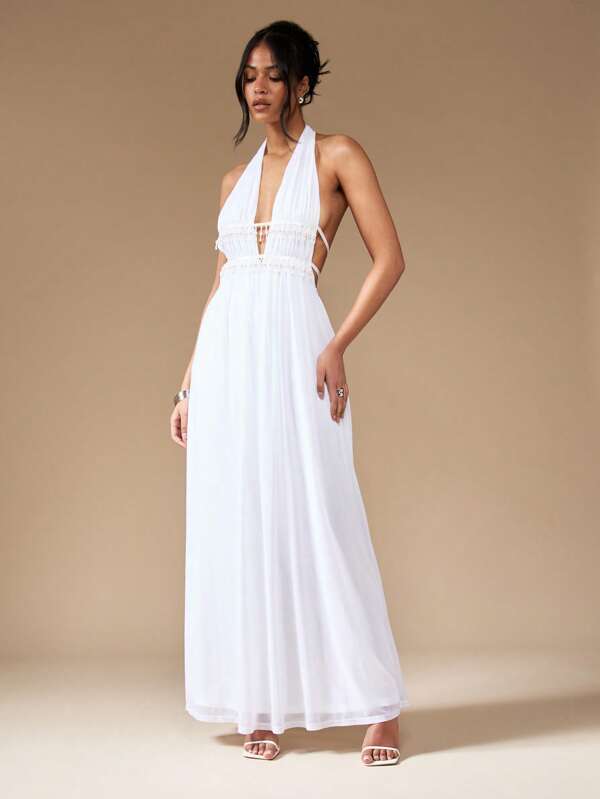 missguided MISSGUIDED Halter Neck Ruched Pearl Beaded Backless Maxi Dress