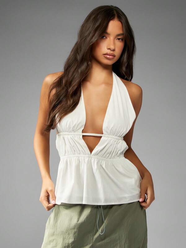 missguided MISSGUIDED Halter Neck Ruched Top With Frill Hem