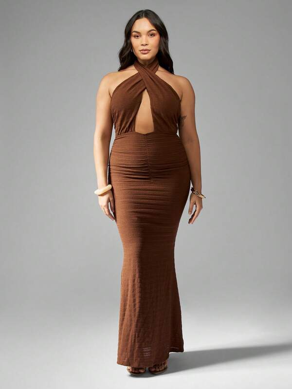 Missguided MISSGUIDED Halter Neck Ruched Waist Maxi Dress