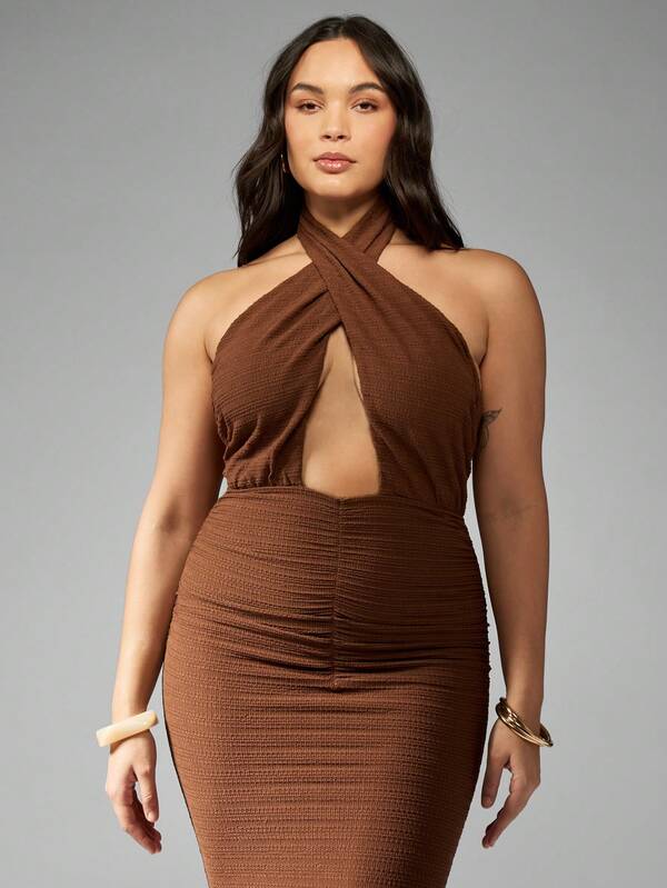 Missguided MISSGUIDED Halter Neck Ruched Waist Maxi Dress
