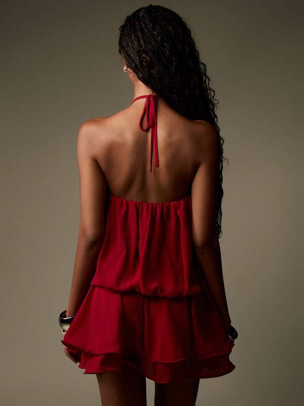 Missguided MISSGUIDED Halter Neck Ruffle Chiffon Tiered Flowy Sleeveless Mini Dress