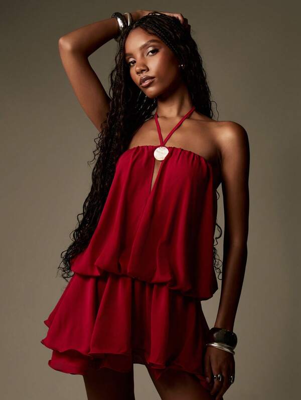 missguided MISSGUIDED Halter Neck Ruffle Chiffon Tiered Flowy Sleeveless Mini Dress