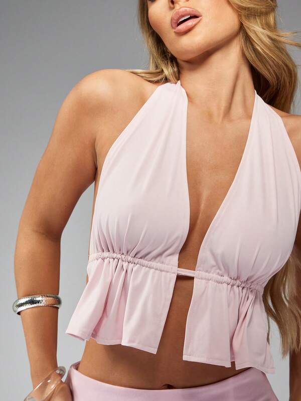 Missguided MISSGUIDED Halter Neck Ruffle Crop Backless Tie Detail Tank Top