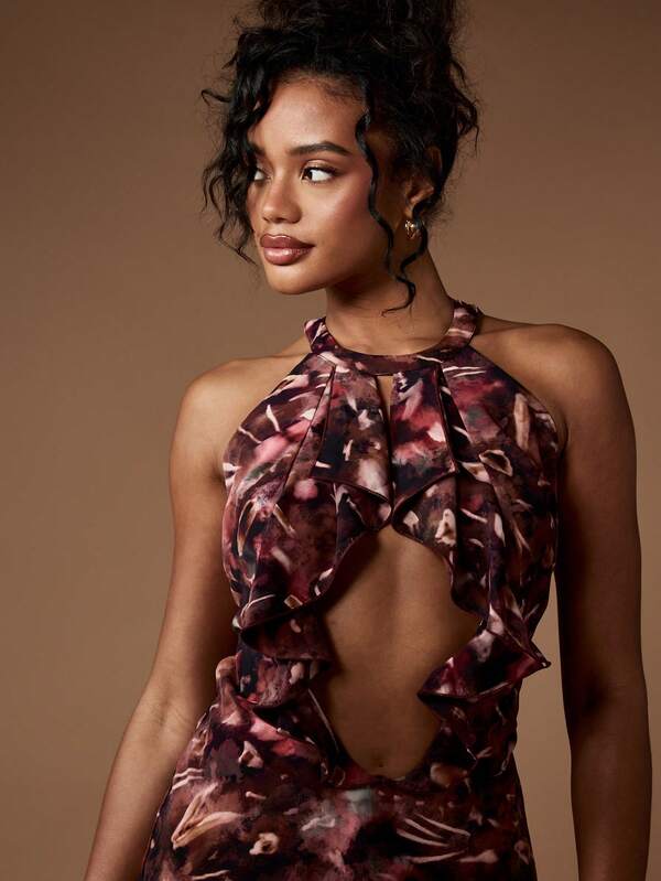 Missguided MISSGUIDED Halter Neck Ruffle Cut Out Bodycon Mini Dress