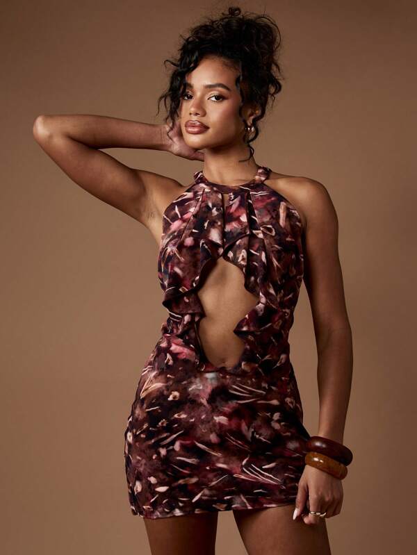 missguided MISSGUIDED Halter Neck Ruffle Cut Out Bodycon Mini Dress