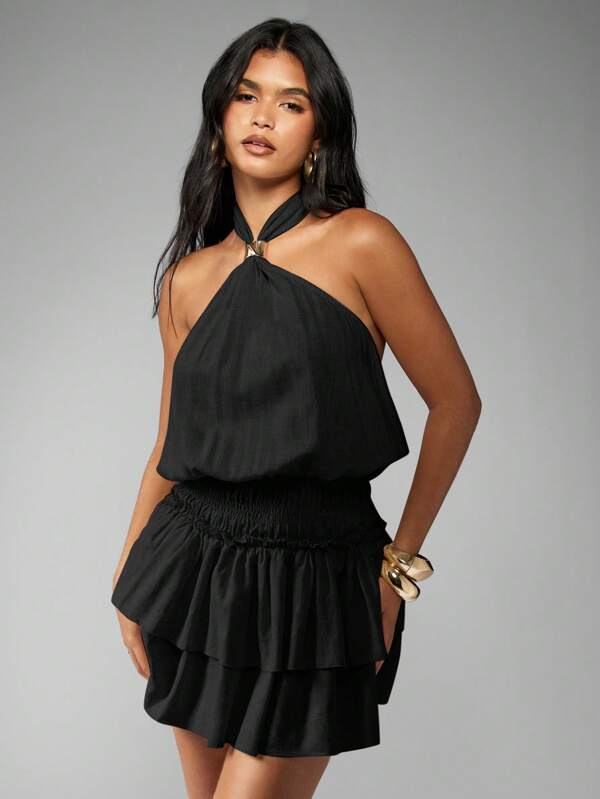 missguided MISSGUIDED Halter Neck Ruffle Layered Backless Mini Dress