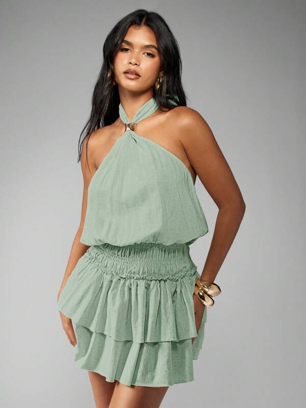 missguided MISSGUIDED Halter Neck Ruffle Tiered Mini Dress
