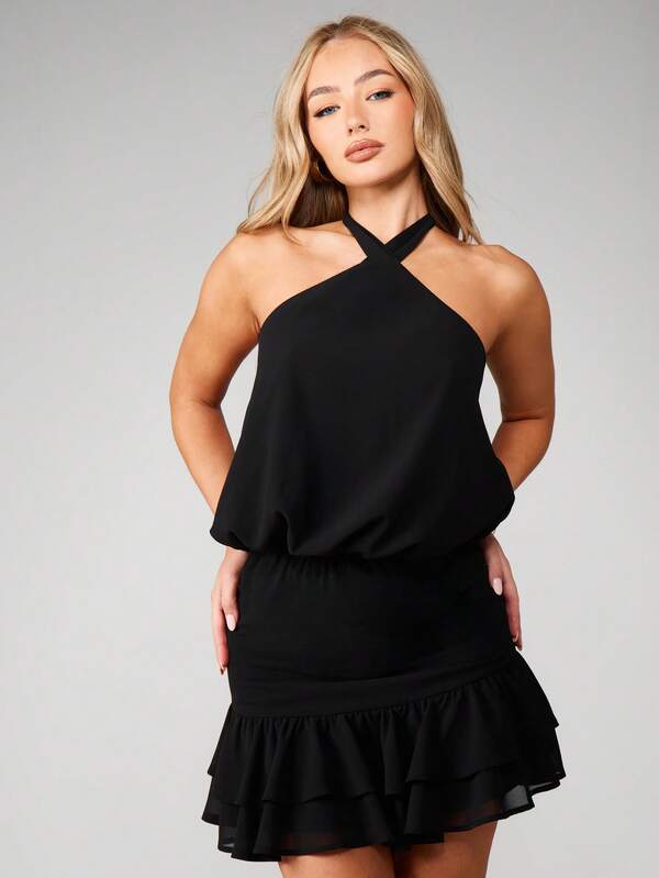 Missguided MISSGUIDED Halter Neck Ruffled Mini Dress