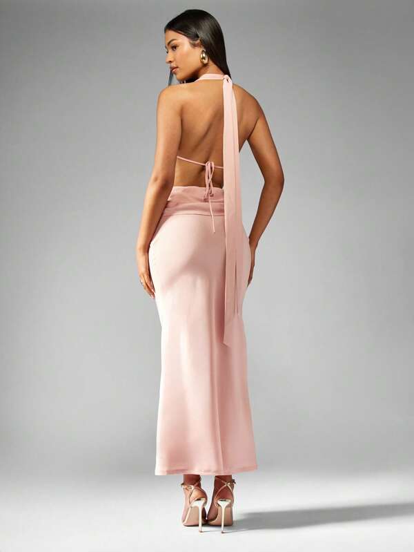 Missguided MISSGUIDED Halter Neck Satin Cut-Out Backless Long Dress
