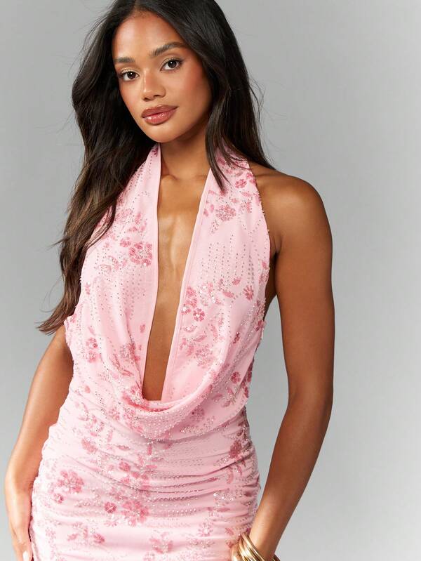 Missguided MISSGUIDED Halter Neck Sleeveless Sequin Backless Cowl Front Mini Dress