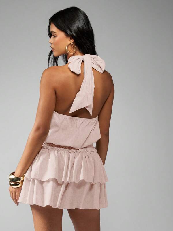 Missguided MISSGUIDED Halter Neck Smocked Waist Tiered Mini Dress