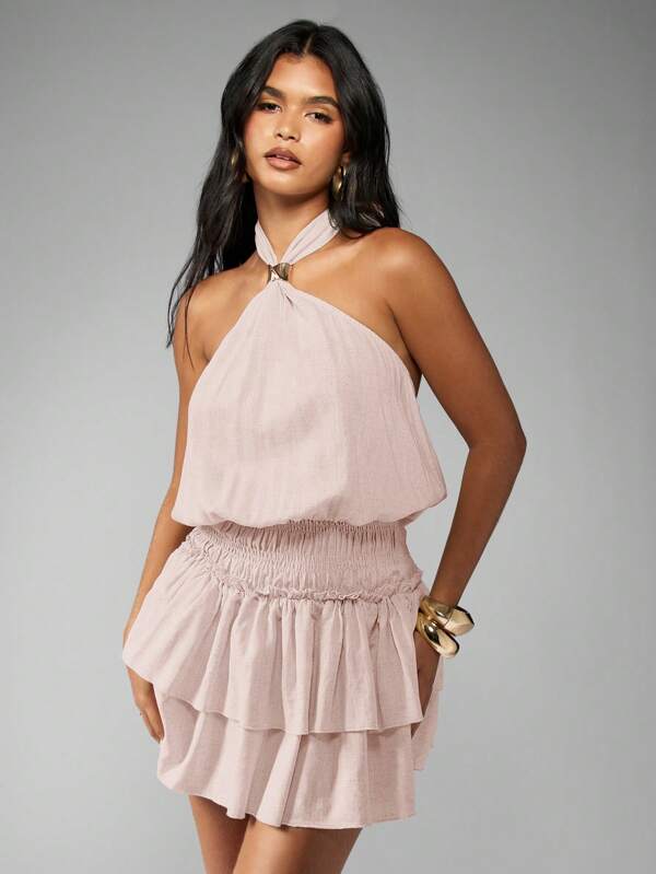 missguided MISSGUIDED Halter Neck Smocked Waist Tiered Mini Dress
