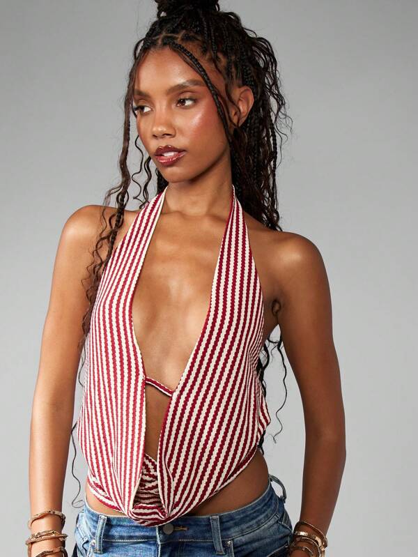Missguided MISSGUIDED Halter Neck Striped Bandeau Tie Back Cropped Top