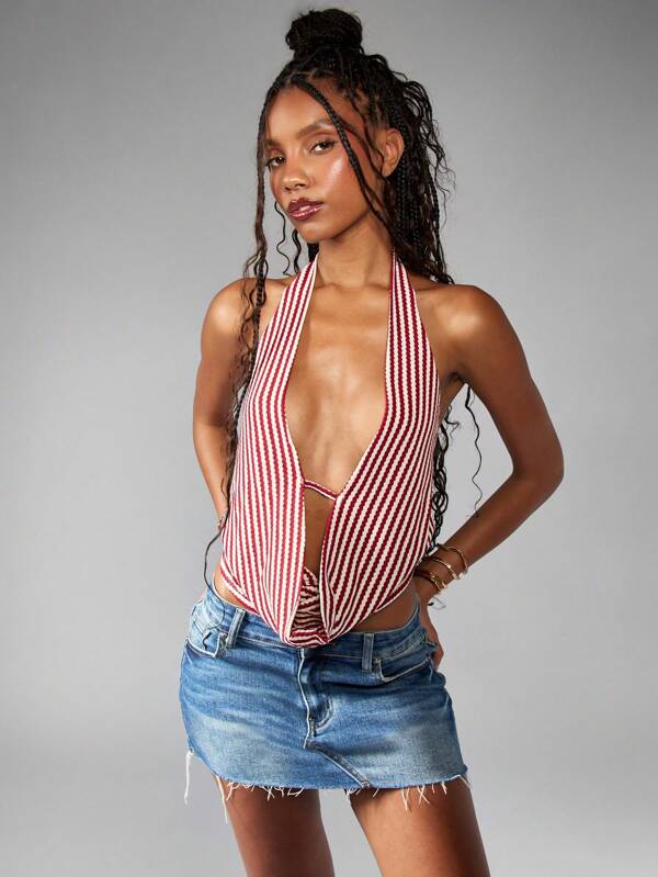 missguided MISSGUIDED Halter Neck Striped Bandeau Tie Back Cropped Top