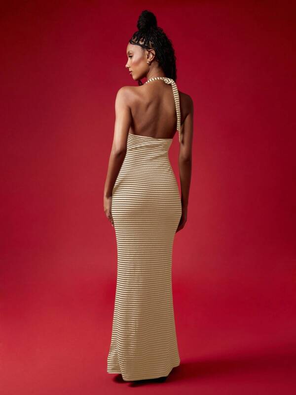 Missguided MISSGUIDED Halter Neck Striped Bodycon Maxi Dress With Backless Design