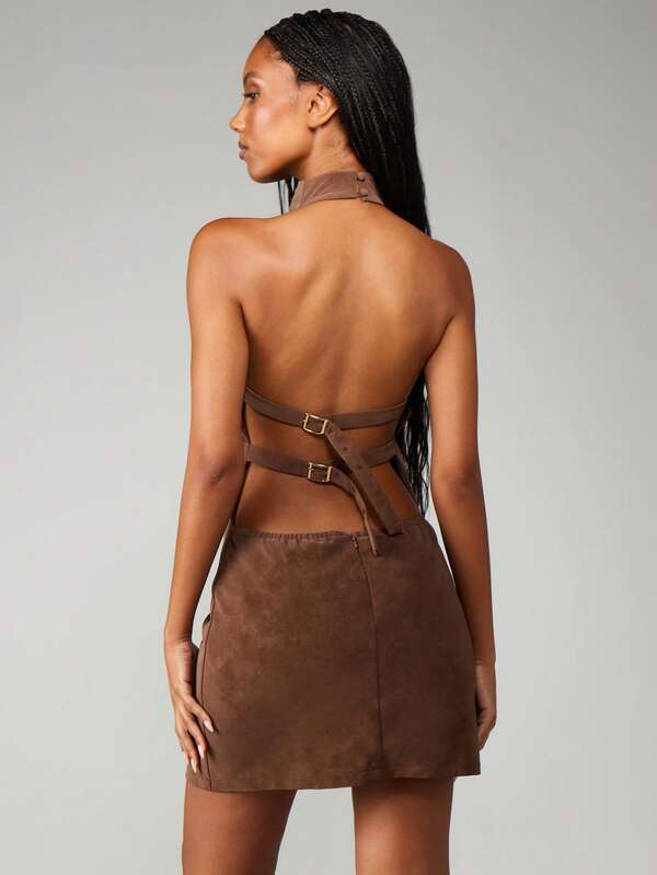 Missguided MISSGUIDED Halter Neck Suede Mini Dress With Strappy Back