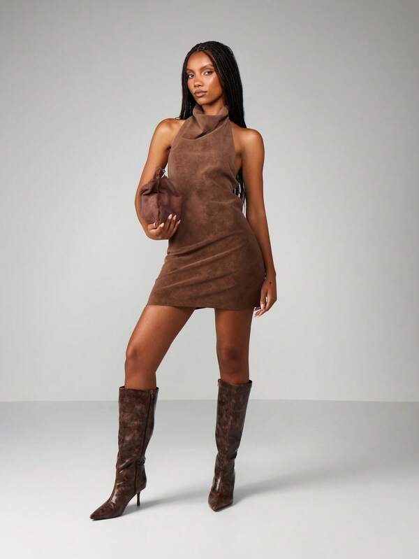 Missguided MISSGUIDED Halter Neck Suede Mini Dress With Strappy Back