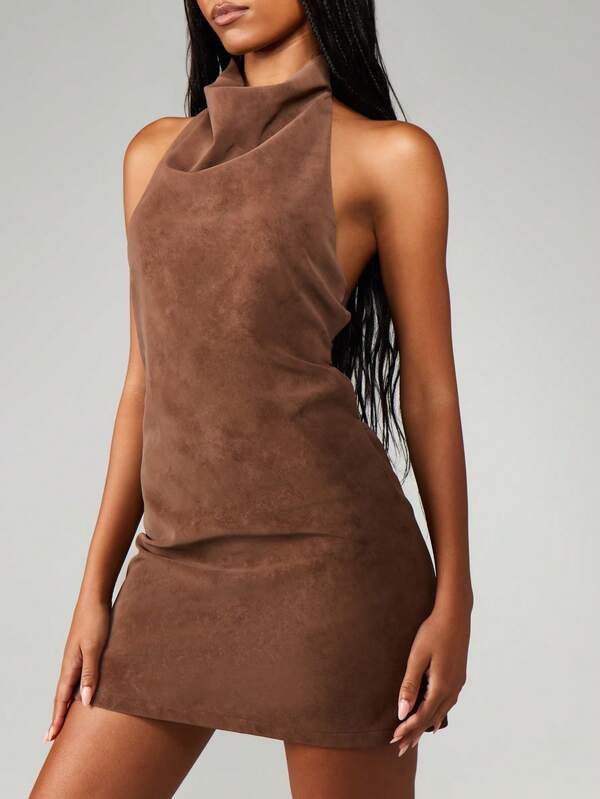 Missguided MISSGUIDED Halter Neck Suede Mini Dress With Strappy Back