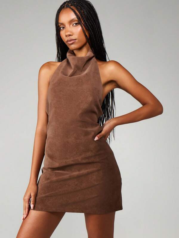 missguided MISSGUIDED Halter Neck Suede Mini Dress With Strappy Back