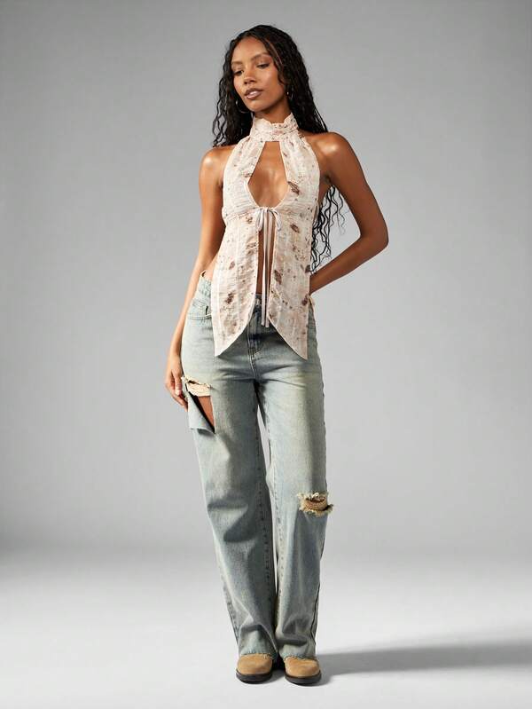 Missguided MISSGUIDED Halter Neck Tie Front Chiffon Blouse