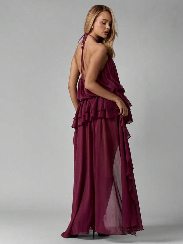 Missguided MISSGUIDED Halter Neck Tiered Chiffon Asymmetric Maxi Dress