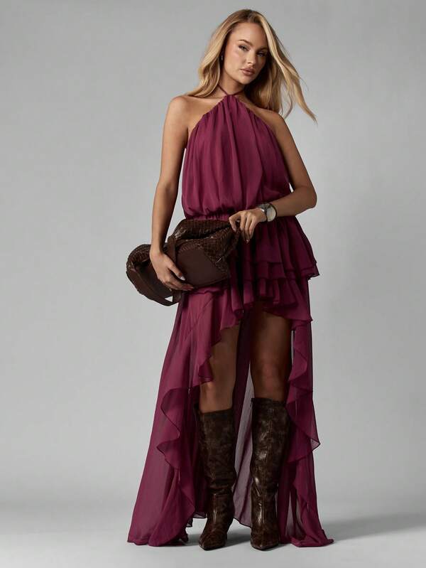 Missguided MISSGUIDED Halter Neck Tiered Chiffon Asymmetric Maxi Dress