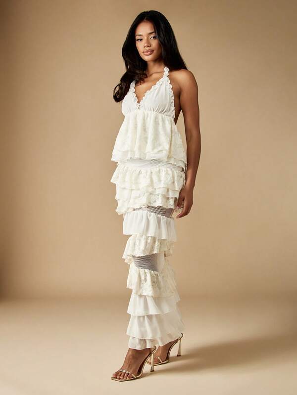 Missguided MISSGUIDED Halter Neck Tiered Ruffle Mesh Insert Dress