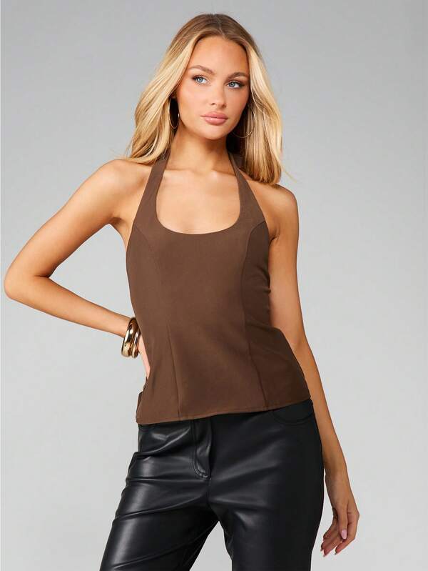 missguided MISSGUIDED Halter Neck Top With Lace Up Back