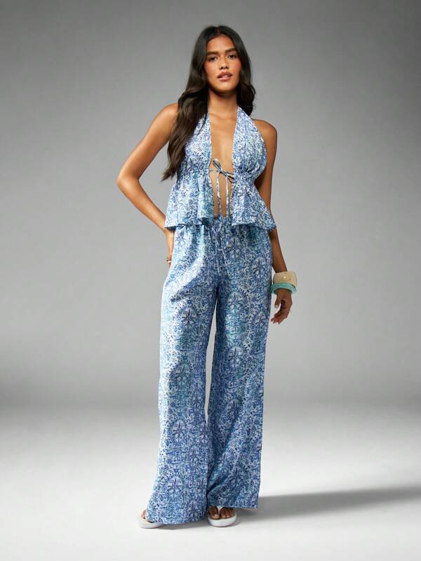 missguided MISSGUIDED Halter Neck Top With Wide Leg Palazzo Pants