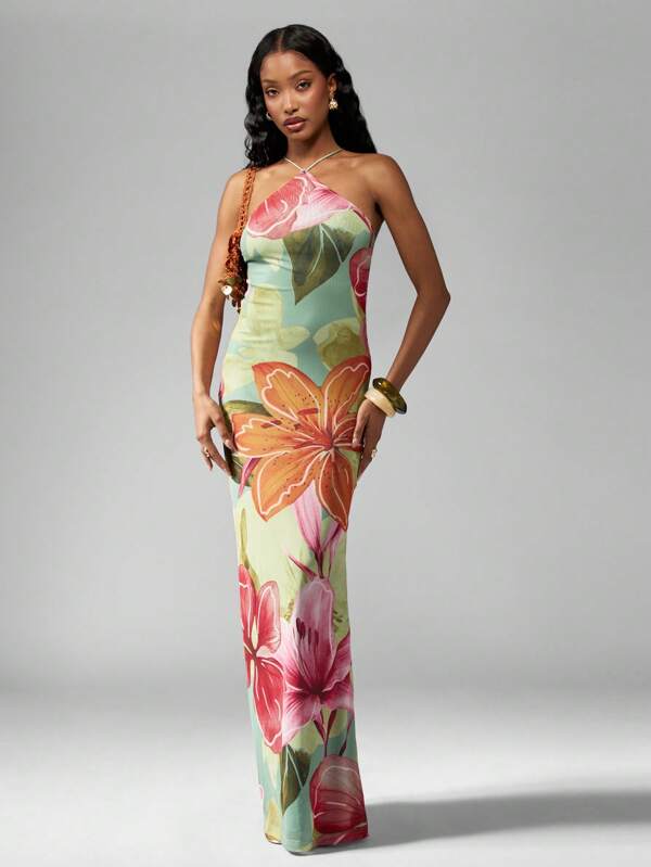 missguided MISSGUIDED Halter Neck Tropical Floral Hawaiian Print Maxi Dress