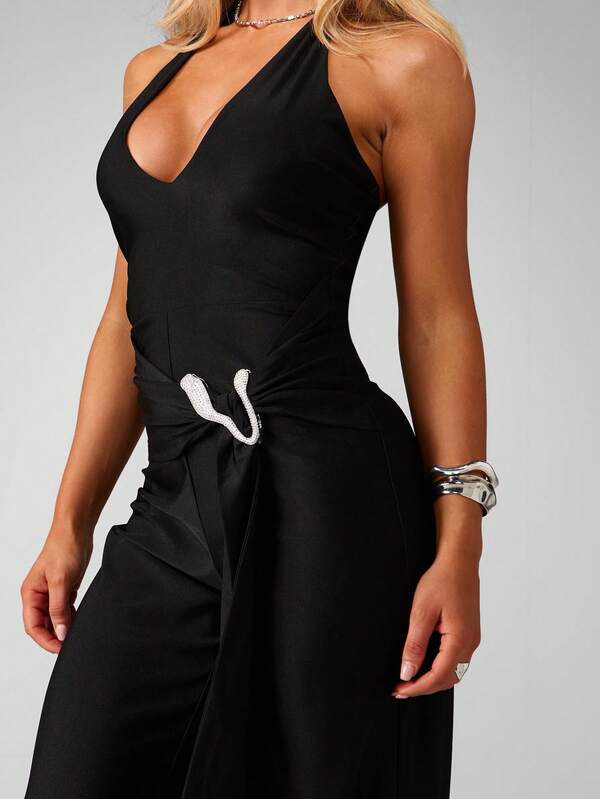 Missguided MISSGUIDED Halter Neck Wide Leg Jumpsuit With Tie Detail