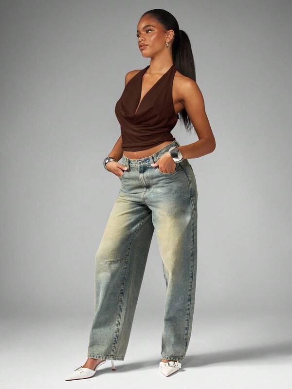 Missguided MISSGUIDED Halter Neck Wrap Front Crop Top With Ruched Design