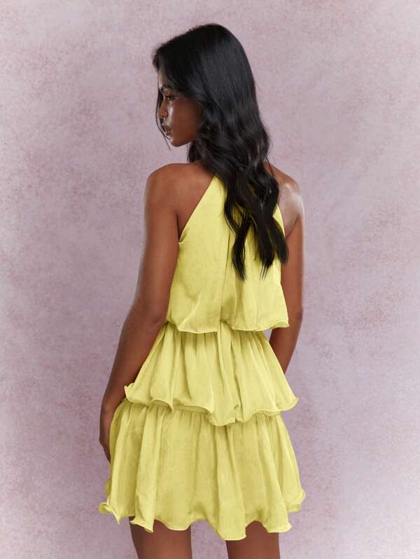 Missguided MISSGUIDED Halter Neckline Ruffled Tiered Layered Boho Mini Dress