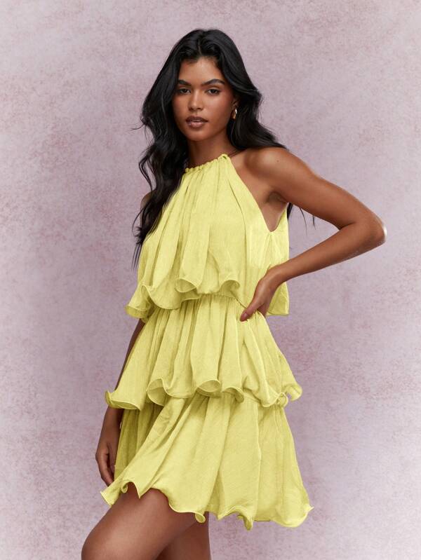 missguided MISSGUIDED Halter Neckline Ruffled Tiered Layered Boho Mini Dress