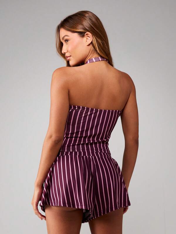 Missguided MISSGUIDED Halter Ribbed Striped Ruffle Lounge Set