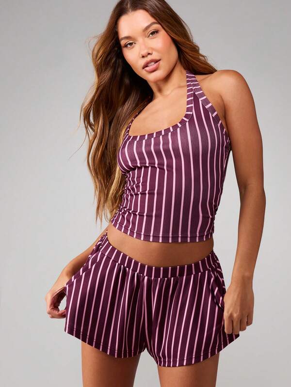 missguided MISSGUIDED Halter Ribbed Striped Ruffle Lounge Set