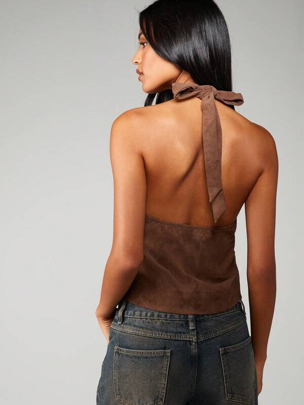 Missguided MISSGUIDED Halter Suede Top With Bead Detail