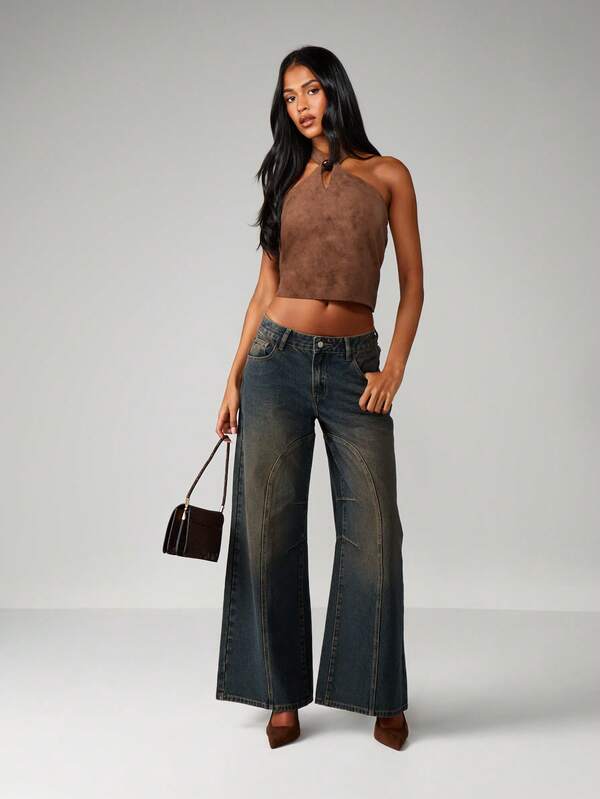 Missguided MISSGUIDED Halter Suede Top With Bead Detail