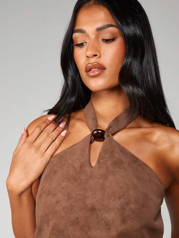 Missguided MISSGUIDED Halter Suede Top With Bead Detail
