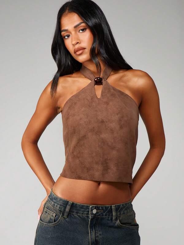 missguided MISSGUIDED Halter Suede Top With Bead Detail