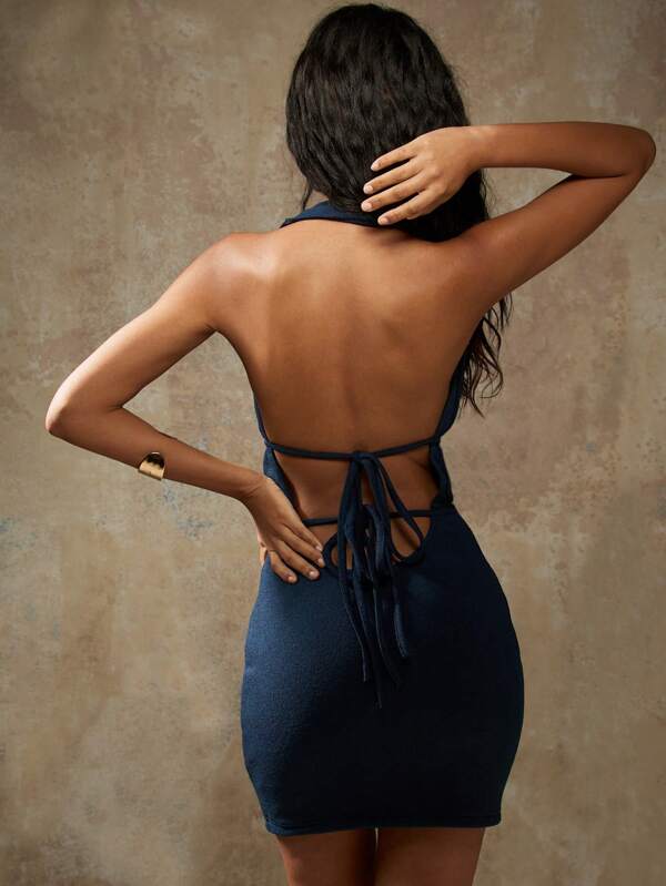 Missguided MISSGUIDED Halter Tie Back Plunge Neck Bodycon Mini Dress
