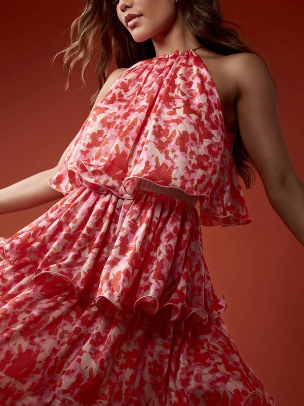 Missguided MISSGUIDED Halter Tiered Ruffle Floral Print Mini Dresses