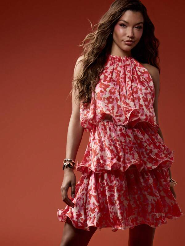 missguided MISSGUIDED Halter Tiered Ruffle Floral Print Mini Dresses
